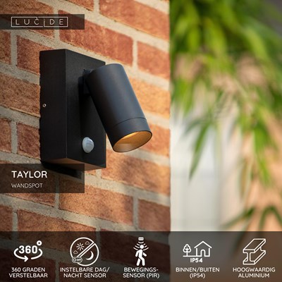 Lucide TAYLOR - Wandspot / Wandlamp Binnen/Buiten - 1xGU10 - IP54 - Bewegingssensor - Zwart